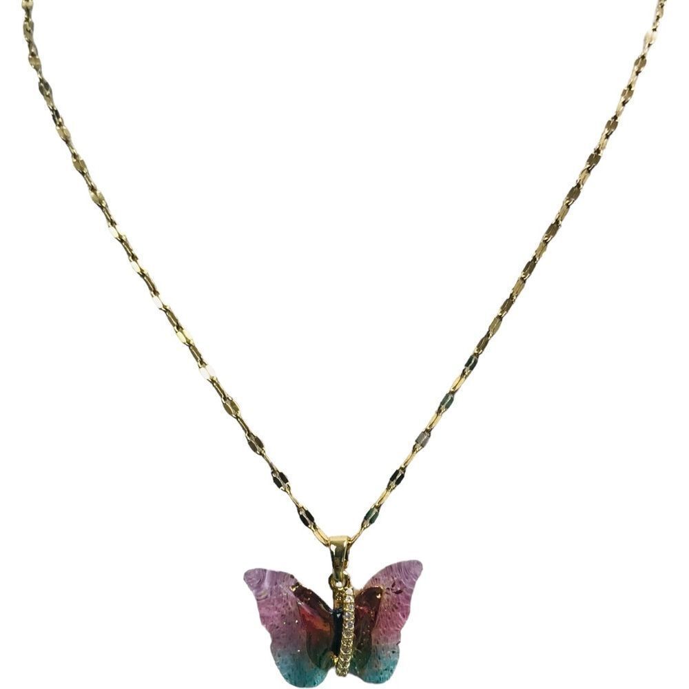 Butterfly Pink Green Gold Plated Necklace - Picture 8 of 13